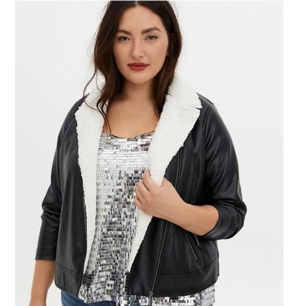 Torrid Black Faux Leather Moto Jacket with Sherpa Lining 0 L 12 NWT
